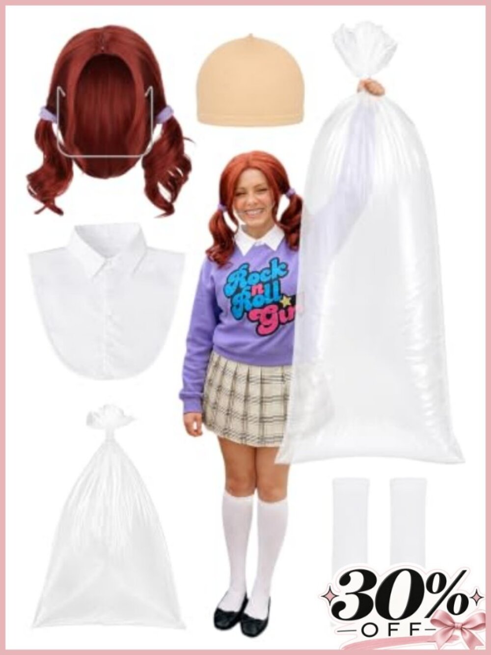 Womens Halloween Costume Set Red Wig Dickey Collar Socks Clear Bag